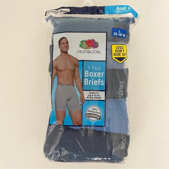 Fruit of the Loom 5 Pack Boxer Briefs L (36-38) Assorted Blues - Picture 1 of 10